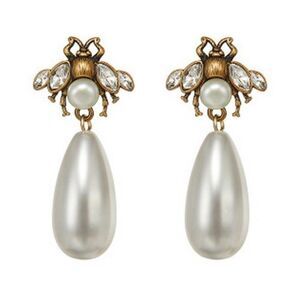 Deco HONEY BEE DROP EARRINGS  W/ TEARDROP PEARL Crystals Antiqued Gold